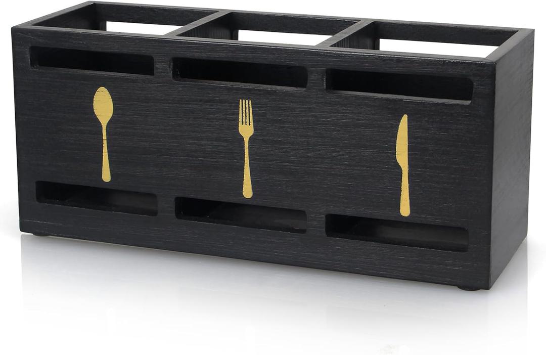 Ayiaren Wooden Cutlery Silverware Holder Flatware Utensil Caddy Black Utensil Holder for Kitchen Counter Wood Silverware Caddy Organizer for Table Countertop Spoon Knife and Fork Holder for Parties