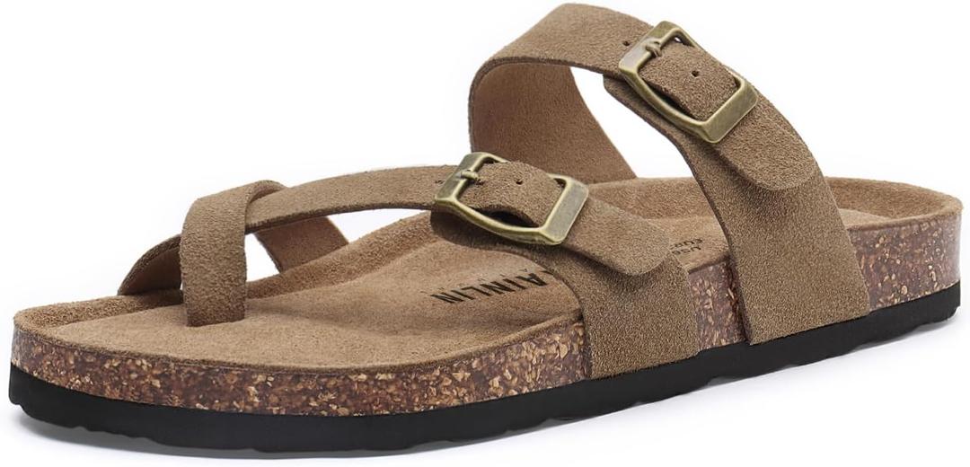 Rainlin Women's Cork Footbed Sandals Comfortable Adjustable Buckle Flat Thong Slide Sandals with Arch Support (7)