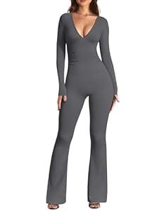 OQQ Women Jumpsuits Long Sleeve Deep V Neck Ruched Flared Jumpsuit Dark Grey, S