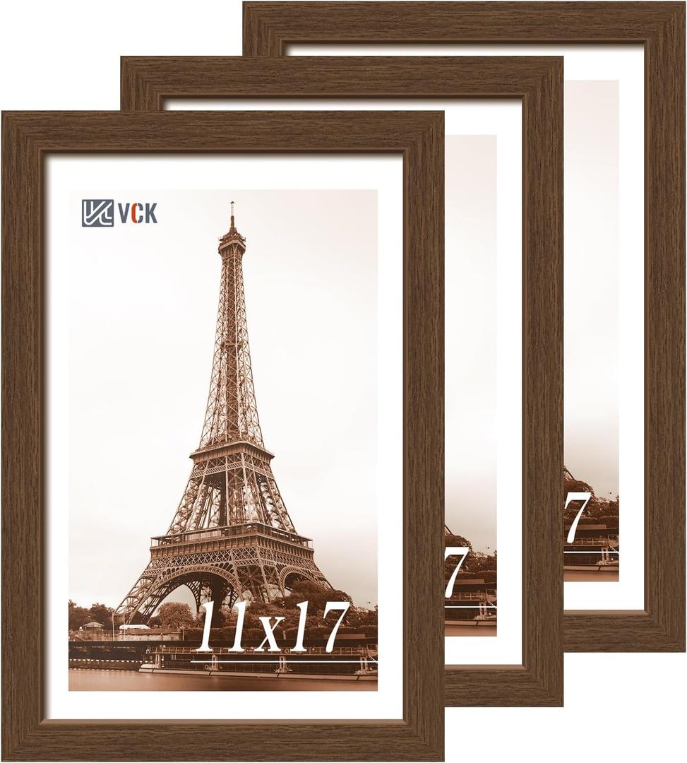 VCK 11x17 Picture Frame 3 Pack, Brown Wood Poster Frame with Exclusive Wood Grain, Wall Mounting Hanging