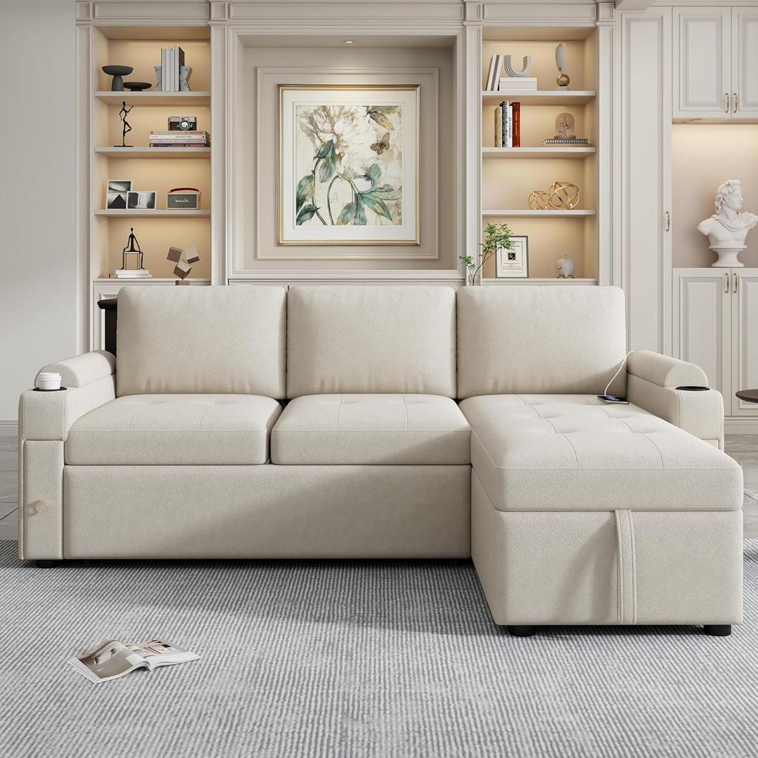 83.5-Inch L-Shaped Reversible Sleeper Sectional Sofa, Chenille Tufted Upholstered Corner Convertible Sleeper Sofabed With Pull Out Couch Bed, Storage Chaise, Storage Armrests ,USB Ports & Cupholders (Beige)