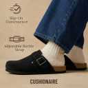 CUSHIONAIRE Hugo Genuine Leather Suede Clogs for Men Comfortable Slip On Shoes with Adjustable Buckle, Closed Toe Mens Slides (Black, 12M)