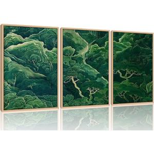 Framed 3Pcs Sage Green Japanese Forest Wall Art Ukiyoe Nature Mountain Canvas Poster Prints with Wood Frame Minimalist Zen Botanical Picture Painting for Living Room Bedroom Office Decor16x24Inch