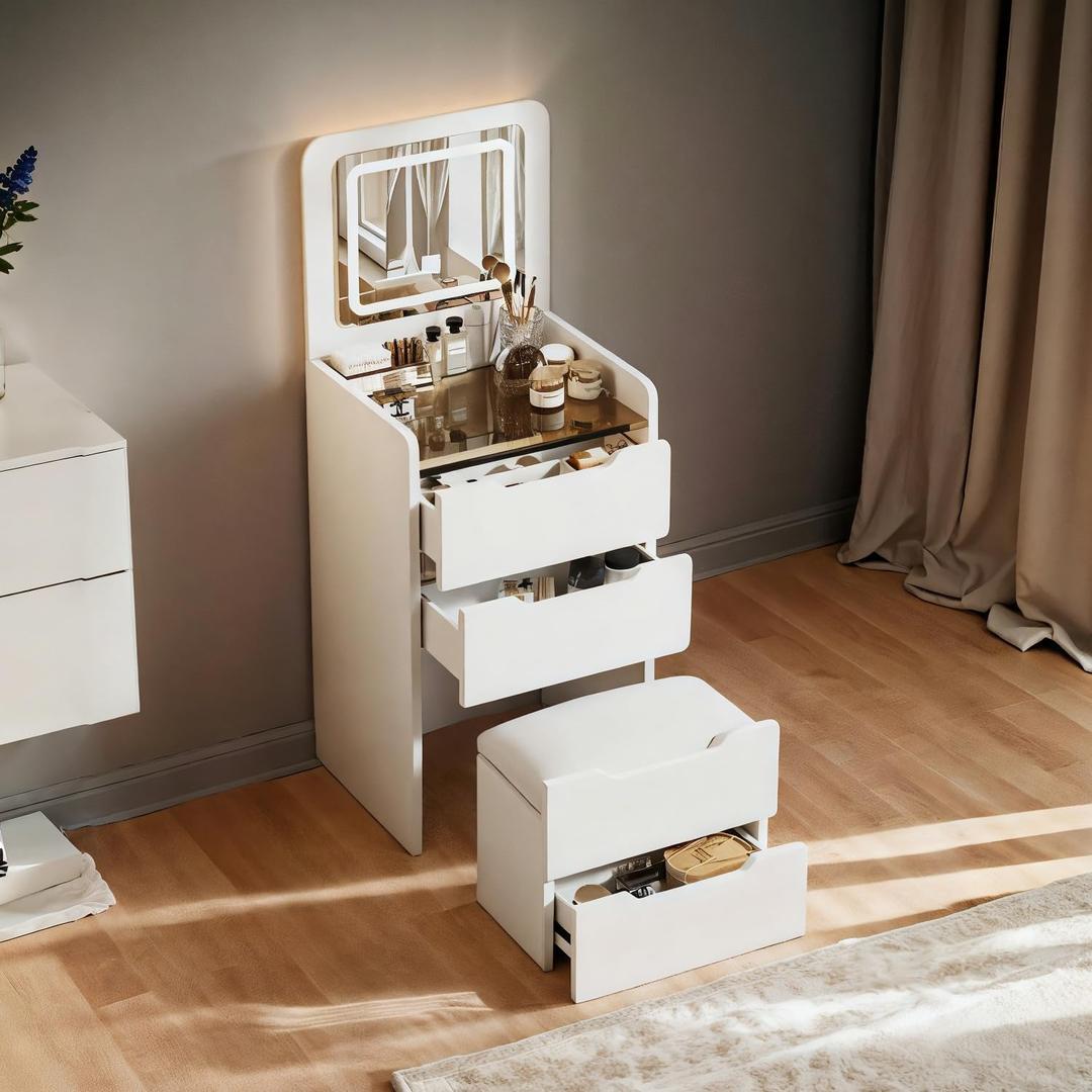 3 in 1 Compact Vanity Desk, Makeup Desk with Flip Top Mirror and Lights, Off White Vanity with 3 Drawers and Cushioned Storage Stool, Dressing Table for Bedroom