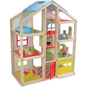 Melissa & Doug Wooden Hi-Rise Dollhouse with 15 Furniture Pieces, Garage, Working Elevator Preschool Dollhouse for Kids Ages 3+