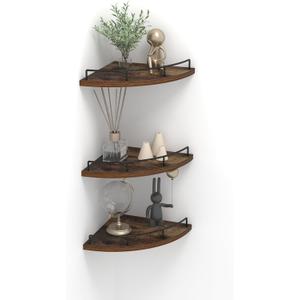 Trwcrt Corner Shelf Wall Mounted Set of 3, Floating Wall Shelves Rustic Wooden Storage Shelves for Bedroom, Living Room, Bathroom, Brown (Fan-Style)