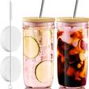 Pink Glass Cups Set - 24oz Mason Jar Drinking Glasses with Bamboo Lids & Straws & Airtight Lids - Wide Mouth lced Coffee Cups Boba Bottle Tumbler for Bubble Tea, Smoothie - 2 Pack