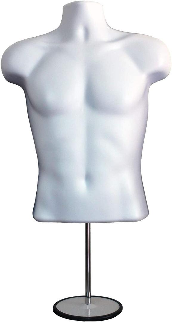 DisplayTown Male Mannequin Torso with Metal Stand Hollow Back Body Stackable Dress Form for Tshirt Display, Countertop, Craft Shows, Photos and Design, S-M Clothing Size (White, Set of 1)