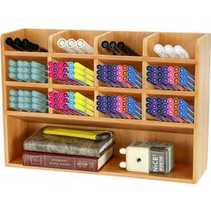 Dicunoy Desktop Pen Holder Organizer, Bamboo Art Supply Storage Caddy Holds 300 Pencils, 13 Compartments Thick Pencil Holder Box for Color Pencils, School, Classroom, Office