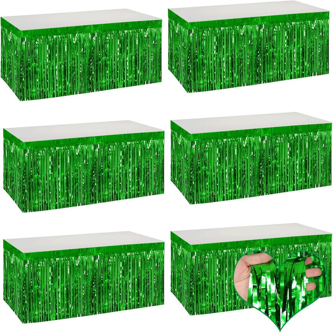 6 Pack 29x108 Inch Green Metallic Foil Fringe Table Skirts Banner for Tinsel Streamer Garland Curtains Backdrop for Parade Floats Wedding Baby Shower Birthday Christmas Halloween Party Decoration