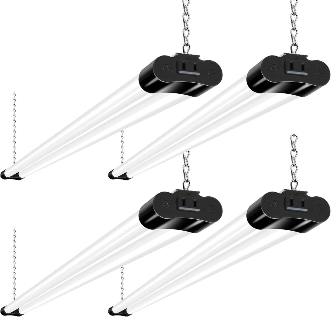 hykolity Pack of 4 Linkable LED Shop Light, 4FT 42W [250W Equivalent], 4400lm, 5000K Daylight, with Plug, Utility Light Fixture, Hanging or Surface Mount, Black