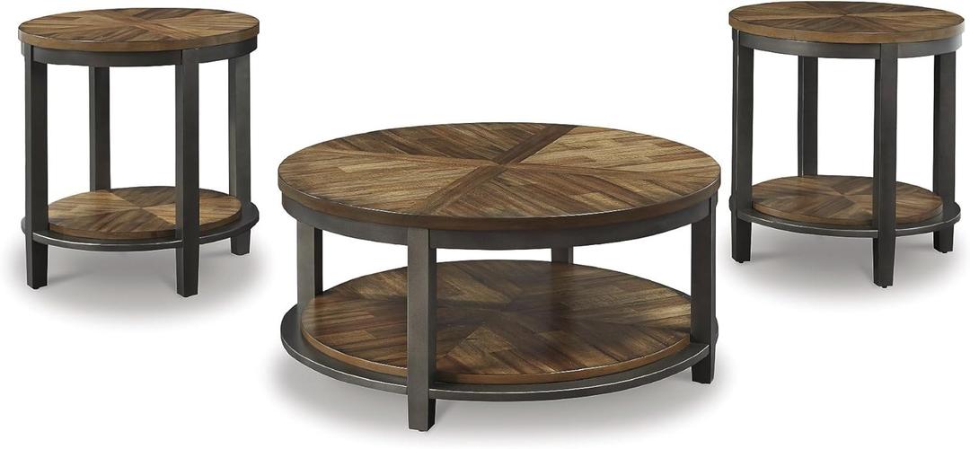 Signature Design by Ashley Roybeck Rustic Round 3-Piece Table Set, Includes 1 Coffee Table and 2 End Tables with Fixed Shelf, Light Brown