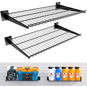 2 Pack Slatwall Shelves 24X16.5 Inch, Heavy Duty Metal Slat Wall Wire Shelf for Retail, Garage, Home Storage, Universal Slatwall Accessories (2PC, Black)