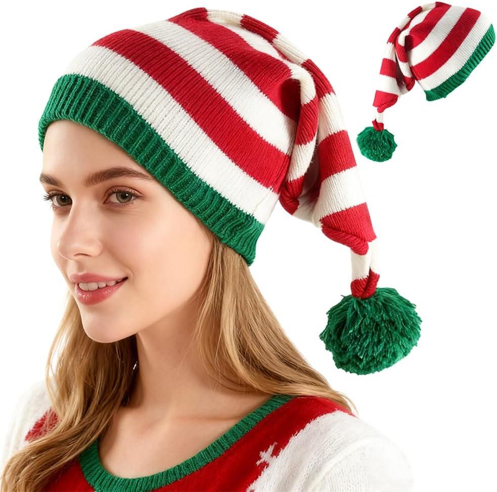 Elf Santa Beanies for Adults, Red Green White Striped Soft Knitted Christmas Hat for Xmas Holiday Party Accessories