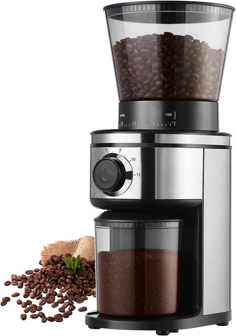 Burr Coffee Grinder, Electric Conical Coffee Bean Grinder With 30 Adjustable Grind Settings For 2-12 Cups, Sliver & Black Burr Coffee Grinder, Electric Conical Coffee Bean Grinder With 30 Adjustable Grind Settings For 2-12 Cups, Sliver & Black