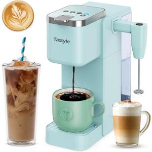 Tastyle Single Serve Coffee Maker with Built-in Detachable Milk Frother, Iced and Hot Coffee Machine for K Cup & Grounds, 40oz Removable Water Reservoir, 6 Cup Sizes, Fits 7.3" Travel Mug, Teal