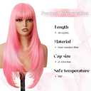 Pink Long Straight Layered Wig with Bangs for Women 26 inch Put on Go Realistic Synthetic Fiber Heat Resistant Natural Wig for Girls Party Cosplay and Daily Use