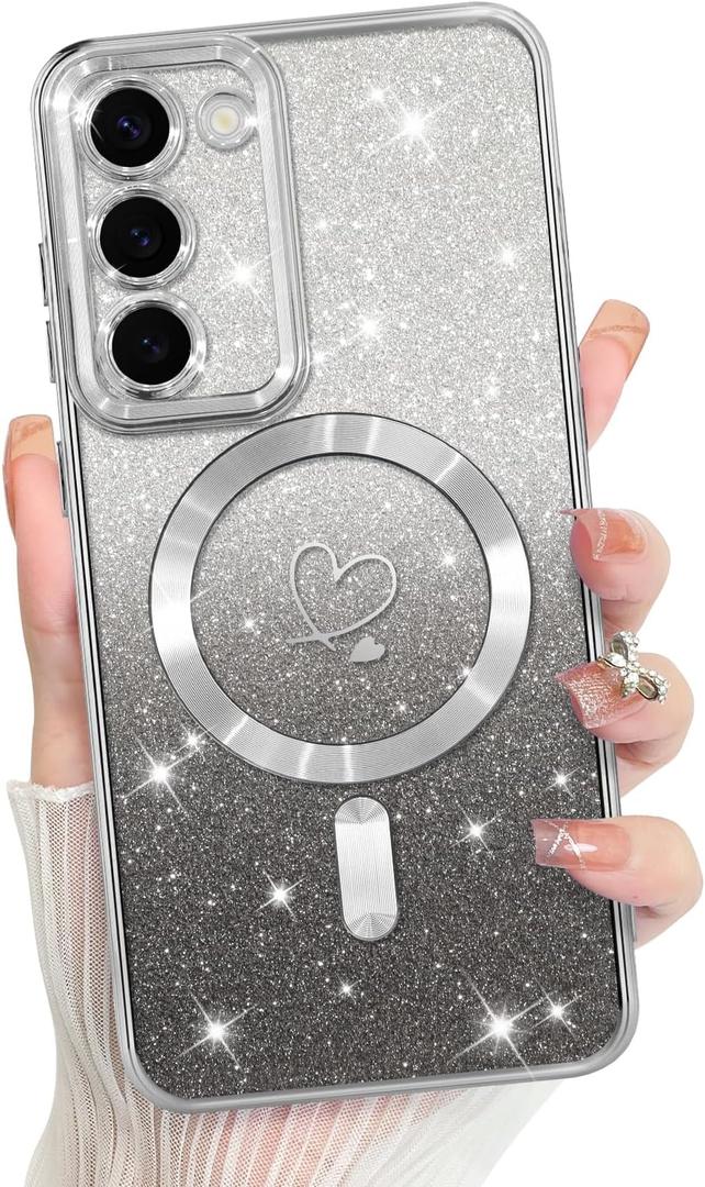 Bonoma Compatible with Samsung Galaxy S23 Plus Case Support for MagSafe, Plating Heart Glitter Magnetic Case TPU Camera Protection Back Cover for Phone Case -Silver