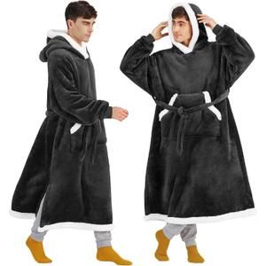 Bedsure Wearable Blanket Hoodie, Long Hooded Blanket Sweatshirt as Christmas Birthday Gifts for Men, Cozy Sherpa Hoodie for Adult, Oversize, Charcoal