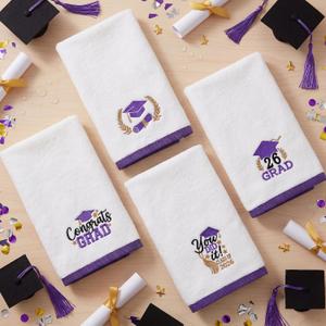 HunnmingRe 4 Pack Decorative Hand Towels for Bathroom Summer Cotton Embroidered Plant Flower Tropical Soft Absorbent Kitchen Home Bar Dish Cloth Housewarming Gift(Purple,Graduation)