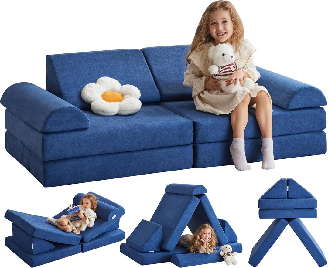 Kids Couch Play Couch Large, Miss Fabric Modular Foam Floor Sofa Soft Play Equipment, Convertible Sofa Bed and Playhouse (Navy)