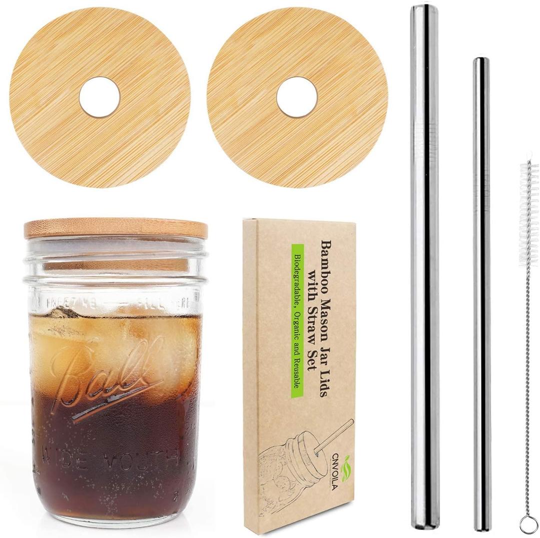 Mason Jar Lids With Straw - Reusable Bamboo Wide Mouth Tumbler Tops, 2 Packs With 2 Stainless Steel Straws