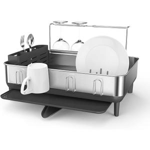 simplehuman Kitchen Dish Drying Rack with Swivel Spout, Fingerprint-Proof Stainless Steel Frame, Grey Plastic (Full-Size (20'' X 22.3'' X 11.5''), Gray)