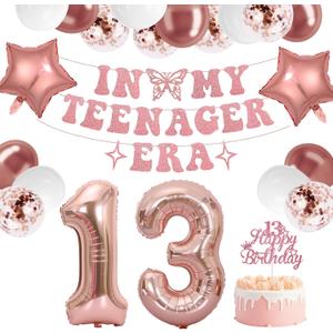 13th Birthday Decorations for Girls,Rose GoldIN MY TEENAGER ERABanner, Happy 13 Cake Topper, Rose Gold Number Balloons,12 inch Latex Balloons,13th Birthday Party Supplies