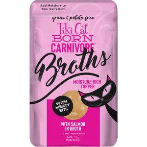 Tiki Cat Born Carnivore Broths, Salmon Recipe, Hydration and Flavor Supplement Cat Food Topper, 1.3 oz. Pouch (Pack of 12)