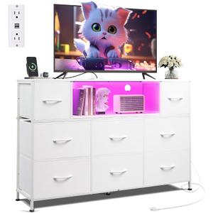 WLIVE White Dresser TV Stand for 45, 50, 55 inch TV, Entertainment Center with LED Lights & Charging Station, Chest of Drawers with 8 Fabric Drawers and Open Shelves for Living Room, Hallway, Wood Top