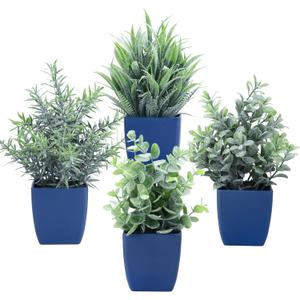 summer flower Set of 4 Fake Plants in Pot Small Artificial Eucalyptus Potted Plant Mini Wheat Grass Ferns Faux Greenery for Home Indoor Office Table Bathroom Farmhouse Decorations Blue