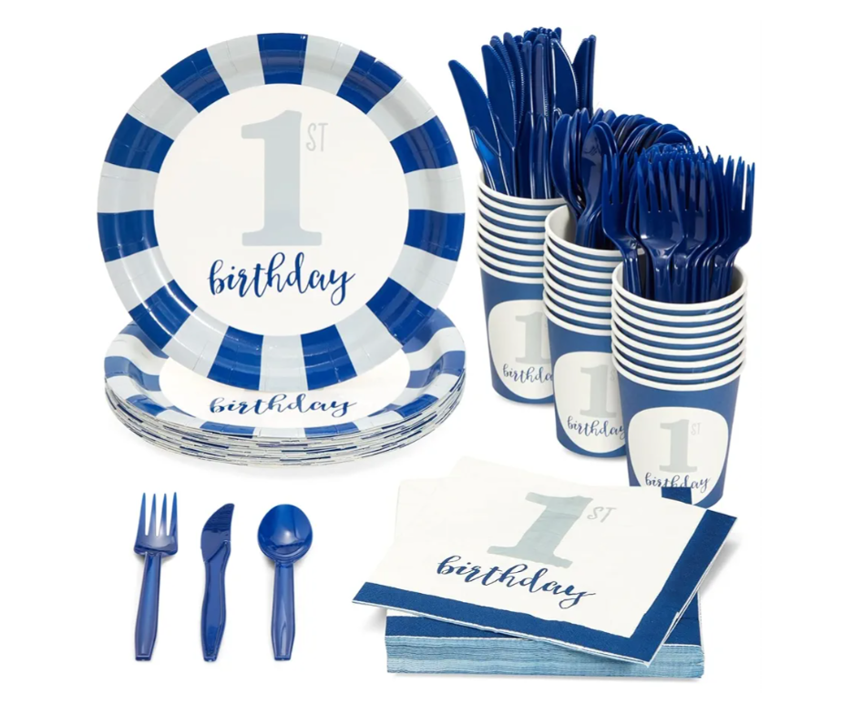 Juvale 144-Piece First Birthday Decorations for Boy - Blue & White Nautical Theme - With 1st Birthday Plates, Napkins, 9oz Cups & Cutlery - Disposable Party Supplies - Serves 24