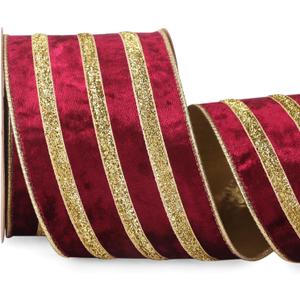 Ribbli Burgundy Velvet Wired Ribbon with Gold Sparkling Stripe 4 Inch Christmas Ribbon for Tree Gift Wrapping Wreaths Garland Topper Bows Crafts Home Decor -10 Yards