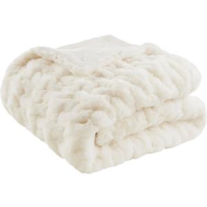 Madison Park Ruched Fur Luxury Throw Premium Soft Cozy Brushed Long Faux Fur For Bed, Couch or Sofa , 50x60" , Ivory