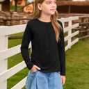 3 x Haloumoning Girls Long Sleeve Tees Kids Casual Crewneck Pleated T Shirts Cute Fall Tops 5-14 Years (Black)