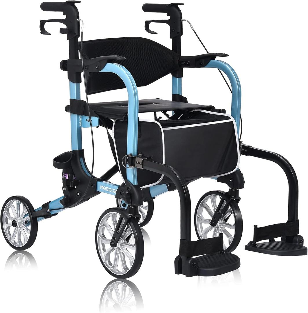 2 in 1 Rollator Walker for Seniors-Folding Transport Wheelchair Rollator with 10" Big Pneumatic Rear Wheels and Detachable Footrests,Medical Walker with Seat Blue