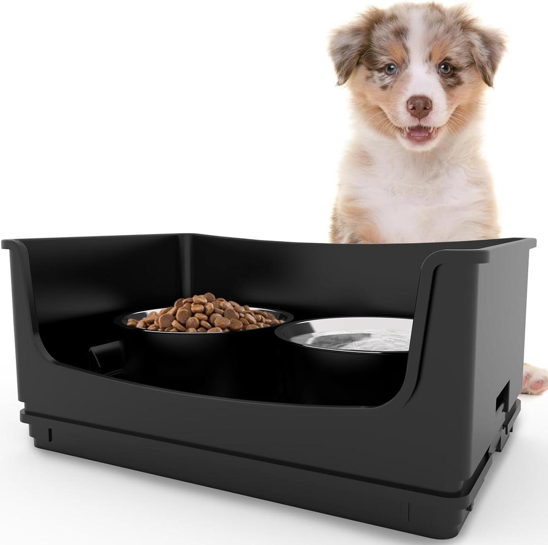 Elevated Dog Bowl Stand Set, Quiet Eating Mess Proof Raised Dog Bowls 2 Stainless Steel Food Bowls, Splash Water Collection Non-Slip Small Cat Feeding Table (Black)