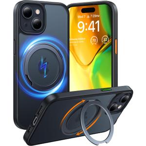 TORRAS 360 Rotatable Stand for iPhone 15 Case/iPhone 14 Case, [Compatible with MagSafe] Magnetic Ring Holder [3X Military Grade Tested] Shockproof Translucent Slim Case for iPhone 15 Phone Case,Black