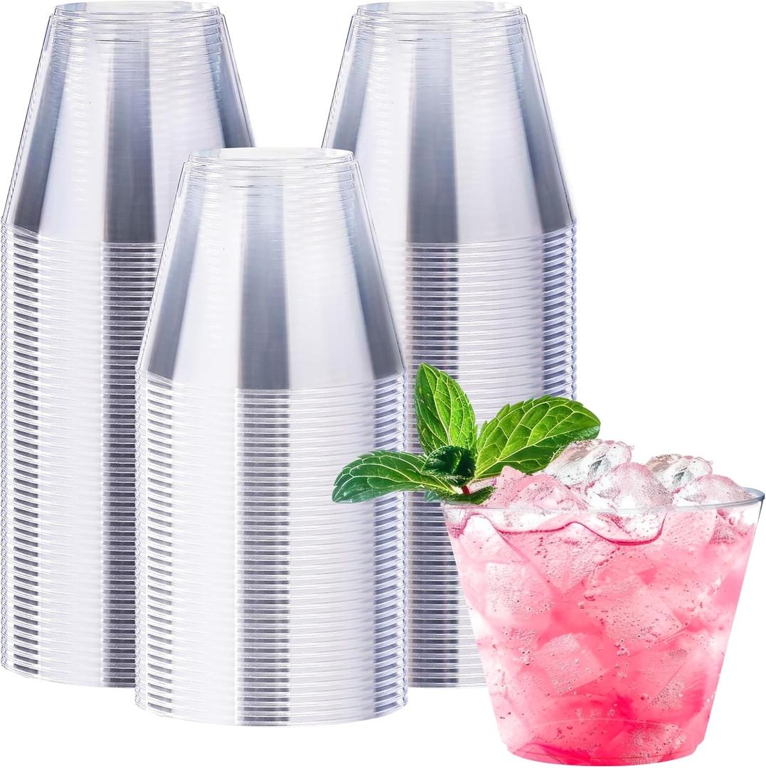 Lamosi 150 Pack 9 oz Clear Plastic Cups, Disposable Clear Plastic Cups, Fancy Clear Plastic Cocktail Cups for Wedding, Thanksgiving, Christmas, Parties