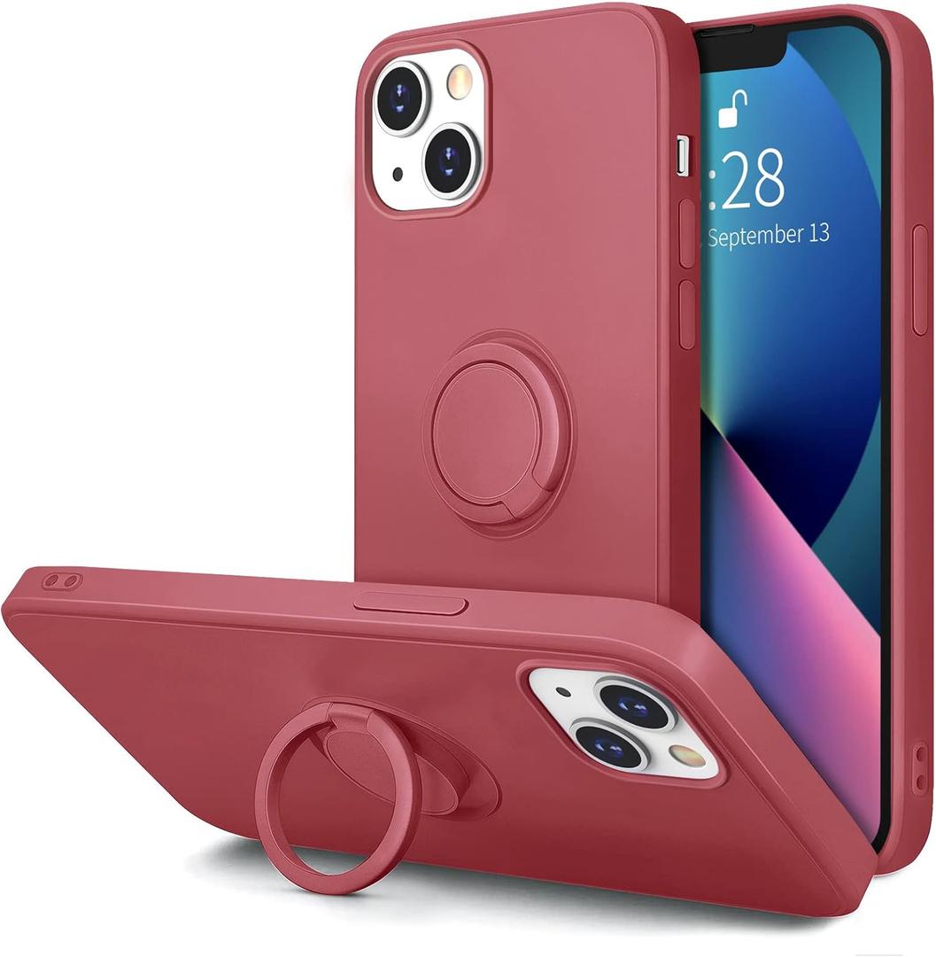 Hython for iPhone 13 Case with Ring Stand [360 Rotatable Ring Holder Magnetic Kickstand] [Soft Microfiber Lining] Slim Shockproof Rubber Protective Phone Case Cover for Women, Camellia Red