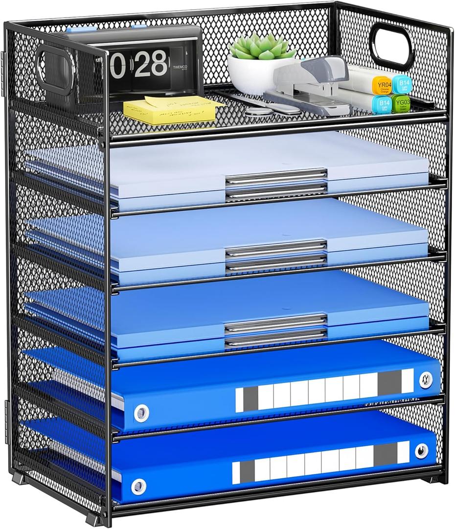 6-Tier Paper Organizer for Desk with Handle, Heavy Duty Metal File Organizer | Stackable Desktop Organizer for Office Supplies, Documents and Stationery Storage (12.6" x 9.1" x 13.5", Black)