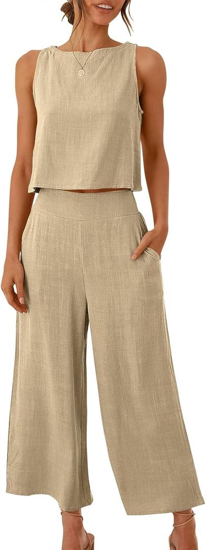 ANRABESS Women's Summer 2 Piece Outfits Sleeveless Crop Top Capri Wide Leg Pants Jumpsuit Linen Lounge Beach Travel Sets (X-Large, Apricot)