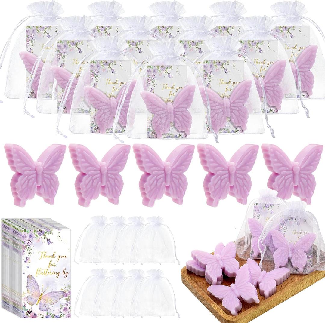 Dunzy 30 Set Butterfly Theme Baby Shower Favors for Guests Butterfly Soap Favors with Thanks You Cards Gender Reveal Baptism Party Valentine's Day Decorations Wedding Souvenirs (Purple)
