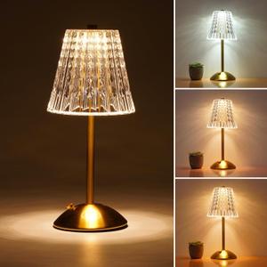 Rechargeable Cordless Table Lamp, Touch Control Crystal Desk Lamp with 3500mAh Battery, 3 Color Dimmable LED Small Lamp for Bedroom Bedside Restaurant Kitchen Home Decor, Gold