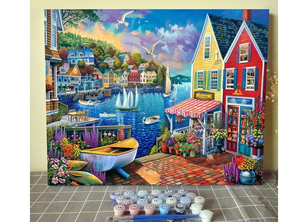 Colorful Coastal Town Digital Paint by Numbers Kits with Brushes and Acrylic Pigment on Canvas Painting for Adults,Summer Seascape DIY Picture Home Decor Yacht/Ship Gifts 16''x20''(DIY Framed