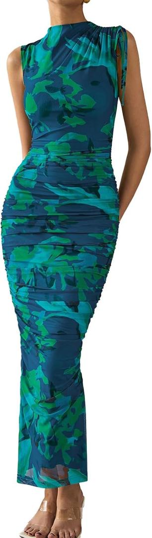 PRETTYGARDEN Women's Summer Maxi Floral Dresses Ruched Bodycon Sleeveless Mesh Formal Wedding Guest Cocktail Split Long Dress (Blue, L)