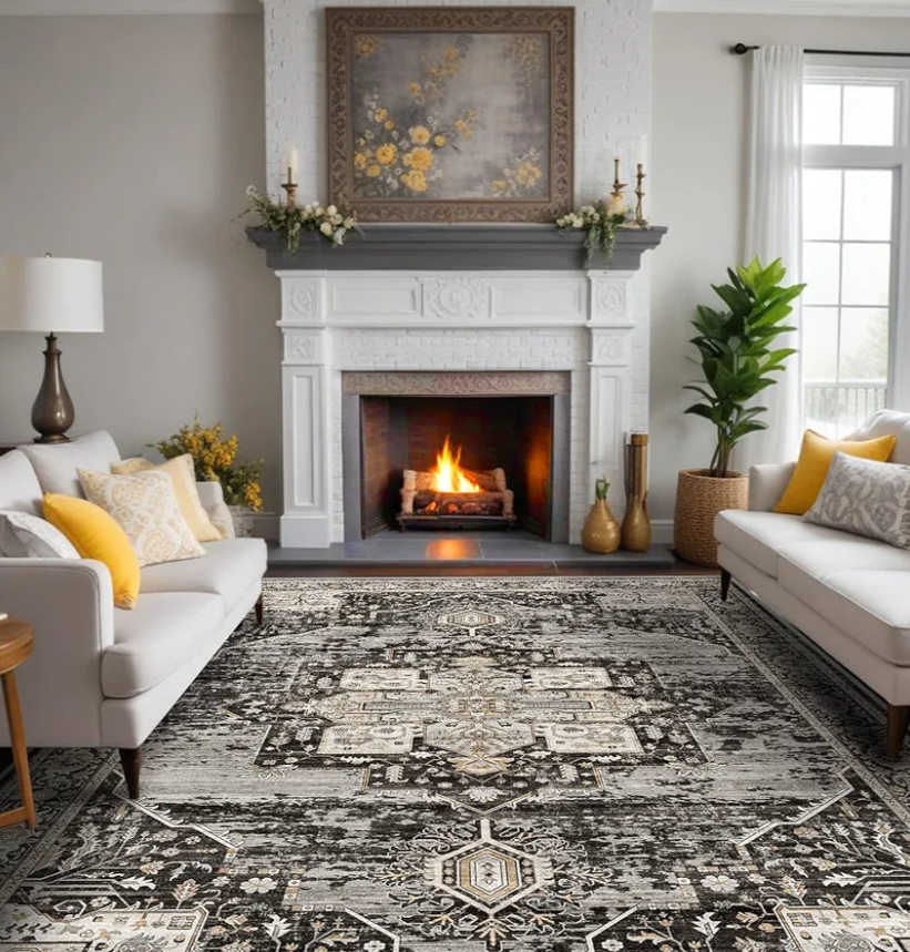RUUGME Washable 9x12 Area Rugs - Large Rugs for Living Room Stain Resistant Carpet Vintage Rugs for Bedroom with Non Slip Backing Home Decor Floor Decoration Mat (9x12 Black)