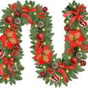 Christmas Garland with Lights, 9FT 30 LED Prelit Christmas Garland with Pinecones, Flowers, Bows, Outdoor Indoor Christmas Decorations Garland Battery Operated with Timer for Stairs, Mantel, Door, Window