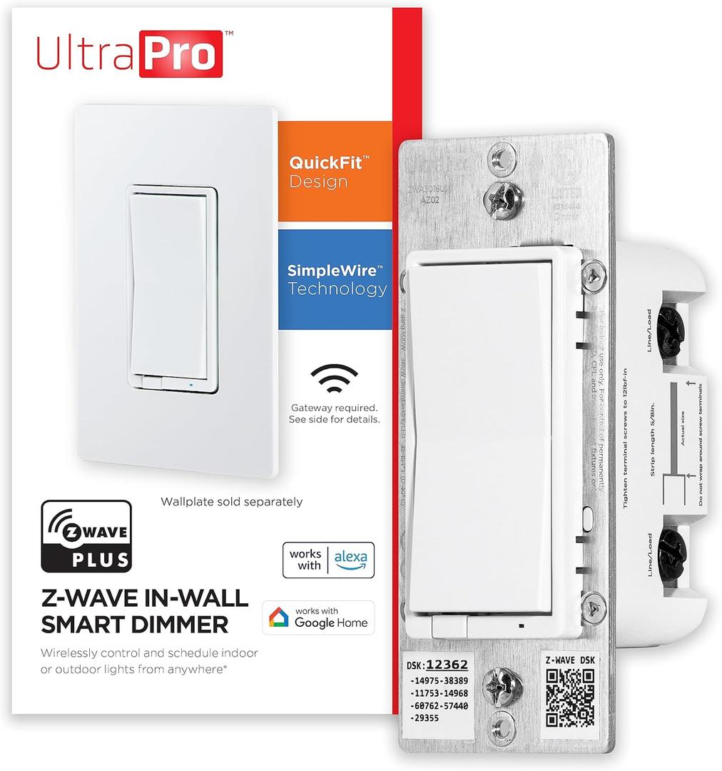 UltraPro 700 Series Z-Wave In-Wall Smart Rocker Light Dimmer with QuickFit & SimpleWire, 3-Way Ready, Works with Alexa, Google Assistant, Z-Wave Hub Required, Smart Home, Voice Control, White, 59350