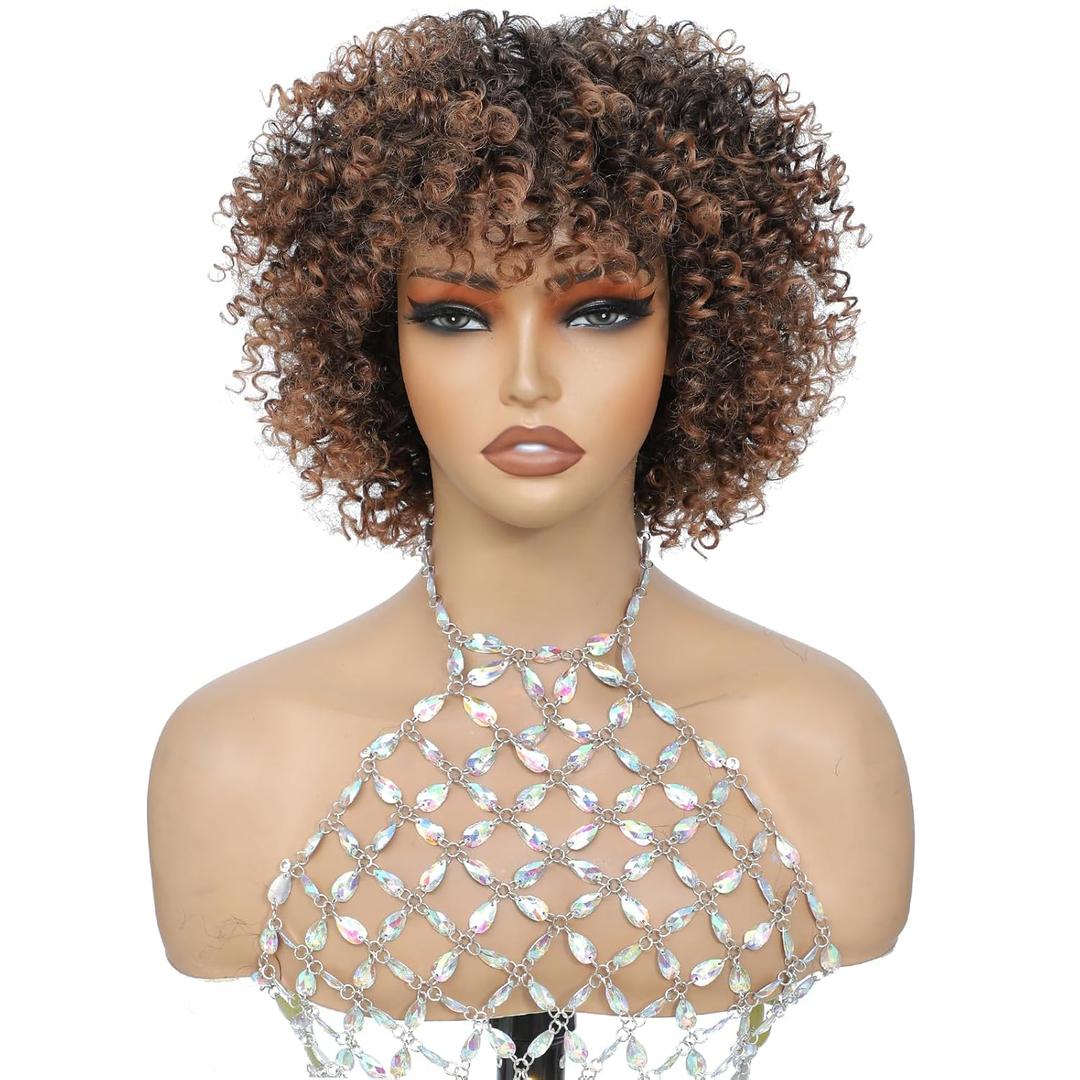 Ombre Brown Highlight Short Curly Wig with Bangs 3C Curls Glueless Ready to Wear Friendly for Beginner Kinky Curly Wig Synthetic Afro Wigs for Women 1B/30